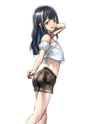 1girl absurdres belt black_hair blush breasts brown_eyes brown_shorts crop_top emutsuichi highres long_hair looking_at_viewer midriff open_mouth original shirt shorts simple_background small_breasts smile solo standing white_background white_shirt
