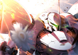 Rule 34 | blurry, blurry foreground, debris, explosion, flower, gerbera, gerbera tetra, glowing, glowing eye, gundam, gundam 0083, highres, kuri giepi, mecha, name connection, no humans, object namesake, robot