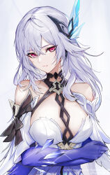 Rule 34 | 1girl, absurdres, arms under breasts, bare shoulders, blue gloves, breasts, commentary request, elbow gloves, genshin impact, gloves, hair between eyes, hair ornament, highres, large breasts, long hair, looking at viewer, marumoru, parted lips, partial commentary, purple eyes, simple background, skirk (genshin impact), sleeveless, solo, upper body, very long hair, white background, white hair