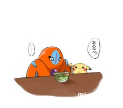 ... ._. :3 ban_(ban62460424) black_eyes chopsticks commentary_request cup_ramen deoxys deoxys_(defense) gen_1_pokemon gen_3_pokemon instant_ramen instant_soba maruchan_midori_no_tanuki_tensoba mythical_pokemon nintendo no_humans pikachu pokemon pokemon_(creature) spoken_ellipsis table translation_request