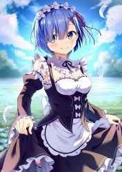 1girl apron back_bow bare_shoulders black_ribbon blue_eyes blue_flower blue_hair blue_sky blush bow breasts cleavage closed_mouth cowboy_shot day detached_collar detached_sleeves dress feathers field flower flower_field flower_knot frilled_dress frills hair_ornament hair_over_one_eye hair_ribbon hairband hairclip highres lens_flare lolita_hairband long_sleeves looking_at_viewer outdoors purple_ribbon re:zero_kara_hajimeru_isekai_seikatsu rem_(re:zero) ribbon ribbon-trimmed_legwear ribbon_trim short_hair skirt_hold sky small_breasts smile solo thighhighs waist_apron white_apron white_bow white_thighhighs x_hair_ornament yuusa