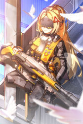 1girl absurdres bird black_gloves blonde_hair boots closed_mouth eye_mask fingerless_gloves gloves gun hair_ornament highres holding holding_gun holding_weapon jacket knee_pads long_hair long_sleeves pants parted_bangs pigeon ponytail rifle sitting slowfrost solo trigger_(zenless_zone_zero) very_long_hair vest weapon zenless_zone_zero