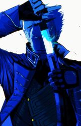 1boy 789niceee arm_up blue_eyes closed_mouth coat collared_coat commentary devil_may_cry_(series) devil_may_cry_5 fingerless_gloves glove_cutout gloves glowing glowing_eyes hashtag-only_commentary highres holding holding_sword holding_weapon katana lapels looking_at_viewer male_focus monochrome popped_collar simple_background solo sword upper_body vergil_(devil_may_cry) weapon white_background yamato_(sword)