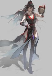 1girl arm_guards artist_request bare_shoulders black_dress black_eyes black_hair black_hanfu black_thighhighs breasts china_dress chinese_clothes cleavage commission dress floating_clothes floating_hair full_body genderswap genderswap_(mtf) grey_background grin hair_ribbon hand_on_own_hip hanfu highres holding holding_jar jar large_breasts long_hair looking_at_viewer modao_zushi pelvic_curtain ponytail red_ribbon ribbon sash second-party_source shadow side_slit simple_background sketch sleeveless sleeveless_dress smile solo standing tassel thighhighs wei_wuxian yaopei