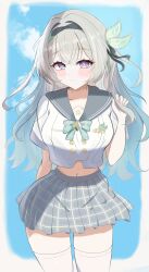 Rule 34 | 1girl, absurdres, black hairband, blush, buttons, cowboy shot, double-breasted, firefly (honkai: star rail), firefly (spring missive) (honkai: star rail), grey hair, grey sailor collar, grey skirt, hairband, highres, honkai: star rail, honkai (series), long hair, long sleeves, midriff, navel, nuuuukoame, official alternate costume, plaid clothes, plaid skirt, pleated skirt, purple eyes, sailor collar, shirt, skirt, smile, solo, thighhighs, white shirt, white thighhighs, zettai ryouiki