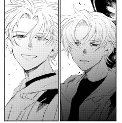 1boy absurdres curtained_hair earrings futsuu_no_keion-bu greyscale highres hood hooded_jacket instrument_case_on_back jacket jewelry looking_at_viewer male_focus monochrome multiple_views open_clothes open_jacket parted_lips portrait rindou_(rnd7120) scene_reference screentones short_hair simple_background smile takami_ryuki white_background