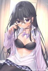 1girl black_bra black_choker black_hair black_pantyhose blush bow bowtie bra breasts choker cleavage closed_mouth collarbone collared_shirt hair_between_eyes highres jacket ko_yu large_breasts long_hair long_sleeves looking_at_viewer midriff navel open_clothes open_jacket open_mouth original pantyhose pleated_skirt purple_bow purple_bowtie purple_eyes purple_jacket shirt sitting skirt solo stomach underwear very_long_hair white_shirt