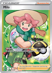 1boy artist_name card_(medium) character_name company_name copyright_name copyright_notice english_text freckles game_freak green_eyes green_scarf green_shorts hat male_focus milo_(pokemon) nintendo no_sclera official_art open_mouth open_poke_ball orange_hair poke_ball poke_ball_(basic) pokemon pokemon_card pokemon_swsh pokemon_tcg sakuma_sanosuke scarf shirt short_sleeves shorts smile solo sparkle teeth third-party_source throwing throwing_poke_ball trading_card ultra_ball upper_teeth_only white_shirt