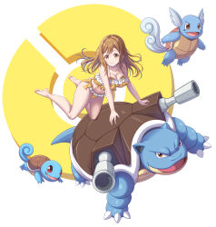 1girl absurdres bikini blastoise breasts brown_eyes brown_hair claws cleavage collarbone commentary_request evolutionary_line game_freak gen_1_pokemon highres kunikida_hanamaru large_breasts long_hair looking_at_viewer love_live! love_live!_sunshine!! nintendo pokemon pokemon_(creature) shoulder_cannon sidelocks squirtle swimsuit tail tsukimi_seiya wartortle