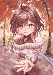 1girl ahoge autumn_leaves bare_shoulders belt bow breasts brick_road brown_hair brown_shirt brown_skirt brown_thighhighs cable_knit colored_inner_hair commentary commission commissioner_upload english_commentary falling_leaves fisheye fortissimo green_belt green_bow green_eyes hair_ornament halter_shirt halterneck highres indie_virtual_youtuber lamppost large_breasts leaf long_sleeves looking_at_viewer miori_celesta miori_celesta_(casual) mole mole_on_armpit multicolored_hair musical_note musical_note_hair_ornament off-shoulder_sweater off_shoulder open_mouth outdoors outstretched_hand pink_hair radium0727 reaching reaching_towards_viewer second-party_source shirt short_hair skirt solo standing star_(symbol) star_in_eye sweater symbol_in_eye thighhighs treble_clef virtual_youtuber white_sweater