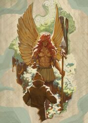 2boys abs brown_coat buzz_cut calgara checkered_background closed_eyes coat eriochromatic feathered_wings from_behind highres holding holding_polearm holding_weapon long_hair male_focus montblanc_noland multiple_boys muscular muscular_male navel nipples one_piece orange_hair pectorals polearm short_hair signature spear topless_male tribal very_short_hair weapon wings