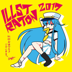 1girl 2017 asymmetrical_footwear bandaid bandaid_on_leg bandaid_on_shoulder black_boots black_sailor_collar blue_eyes blue_hair boots drop_shadow ezaki_bisuko full_body high_heels illustration.media long_hair mismatched_footwear mouth_hold neckerchief no_nose original sailor_collar shirt short_sleeves simple_background skirt solo very_long_hair white_boots white_shirt white_skirt yellow_background yellow_neckerchief