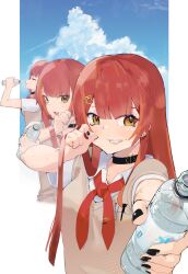 1girl :3 black_collar black_nails blue_sky bottle breasts brown_sweater cloud collar collared_shirt drinking fang grin highres holding holding_bottle hot kitanxjk long_hair looking_at_viewer medium_breasts multicolored_hair neckerchief nekota_tsuna nekota_tsuna_(4th_costume) object_in_pocket open_mouth orange_eyes orange_hair paw_hair_ornament pen_in_pocket plastic_bottle pocket red_hair red_neckerchief school_uniform shirt short_sleeves sky smile streaked_hair sweat sweater virtual_youtuber vspo! water_bottle