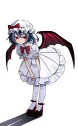 1girl alternate_color bat_wings blue_hair dress hands_on_own_thighs hat highres leaning_forward looking_at_viewer mob_cap pantyhose puffy_sleeves red_eyes red_ribbon red_shoes remilia_scarlet ribbon shadow shoes short_hair short_sleeves skirt smile solo touhou white_background white_hat white_pantyhose white_skirt wings yuineko