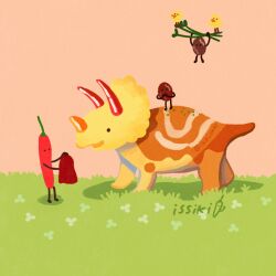 animal animal_focus artist_name baby_animal bird black_eyes chick flower food from_side grass holding issiki_toaki no_humans open_mouth original pink_background signature simple_background smile standing triceratops twitter_username variant_set