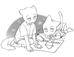 2others animal_ears bald cat_ears cat_girl child child&#039;s_drawing collared_shirt commentary_request crayon dog_ears dog_tail drawing_(object) expressionless grass hands_on_floor holding holding_crayon house korean_commentary lineart looking_down lying motion_lines multiple_others nagseoteul11885 no_shoes on_stomach open_mouth original other_focus paper parted_lips seiza shirt short_shorts short_sleeves shorts simple_background sitting socks star_(symbol) sun_symbol tail template triangle white_background