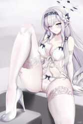 Rule 34 | 1girl, blue archive, blush, breasts, cameltoe, camisole, cleavage, closed mouth, elbow gloves, gloves, grey background, groin, high heels, highres, himari (blue archive), large breasts, lingerie, long hair, looking at viewer, napalmbit, navel, pale skin, panties, pointy ears, purple eyes, shoes, simple background, sitting, smile, solo, stiletto heels, stomach, thighhighs, underwear, very long hair, white camisole, white gloves, white hair, white panties, white shoes, white thighhighs