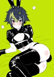 1boy ? absurdres animal_ears ass bikini black_bikini black_corset black_gloves black_panties black_shrug black_thighhighs blue_hair blush closed_mouth commentary_request corset crossdressing fake_animal_ears gloves green_background green_hair hair_ornament highres inami_rai latex latex_bikini looking_at_viewer lying male_focus multicolored_hair nijisanji nontraditional_playboy_bunny omiyacha on_side panties pectoral_cleavage pectorals purple_eyes rabbit_ears rabbit_tail shiny_clothes shiny_skin shrug_(clothing) sidelocks simple_background smile solo spoken_question_mark swimsuit tail thighhighs trap underwear virtual_youtuber