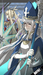 2girls blonde_hair bradamante_(fate) braid brown_eyes checkered_background closed_eyes closed_mouth collared_jacket crying crying_with_eyes_open earrings fate/grand_order fate_(series) hair_rings hat highres holding holding_shield holding_staff jacket jewelry kankan33333 long_hair multicolored_hair multiple_girls outline paladin pope johanna_(fate) robe sad_smile shawl shield smile staff tears twin_braids two-tone_hair white_hair white_outline