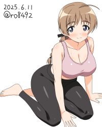 1girl ahoge black_pantyhose blue_eyes blush braid braided_ponytail breasts brown_hair cleavage closed_mouth collarbone dated large_breasts long_hair looking_at_viewer lynette_bishop pants pantyhose pink_sports_bra ponytail ryohei-0617 signature simple_background smile solo sports_bra strike_witches sweat white_background world_witches_series yoga_pants