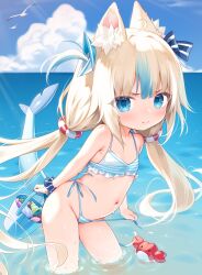 1girl ahoge animal_ear_fluff animal_ears bare_arms bare_shoulders bikini bird blonde_hair blue_eyes blue_hair blue_sky bucket cat_ears closed_mouth cloud crab day fins fish_girl fish_tail flat_chest highres holding holding_bucket horizon indie_virtual_youtuber lifebuoy_ornament long_hair looking_at_viewer low_twintails mei_(ponponmei) multicolored_hair navel ocean one_side_up open_clothes outdoors pout sameko_saba scrunchie seagull seashell shell sky solo standing streaked_hair striped_bikini striped_clothes striped_scrunchie summer swimsuit tail twintails untied_bikini very_long_hair virtual_youtuber wading wet wrist_scrunchie