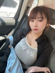 1girl breasts car cleavage day head_tilt highres japanese_(nationality) large_breasts lipstick looking_at_viewer makeup matsumoto_nanami motor_vehicle on_car open_clothes outdoors photo_(medium) selfie short_hair sitting
