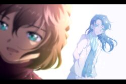 2girls arms_behind_back black_hair blurry brown_coat brown_hair brown_skirt closed_mouth coat depth_of_field dutch_angle flower green_eyes green_scarf haibara_ai letterboxed light_particles long_hair looking_at_another meitantei_conan miyano_akemi multiple_girls open_mouth red_shirt s_n_sb_4869 scarf shirt short_hair skirt smile standing white_background