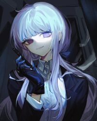 1girl absurdres black_bow black_gloves black_jacket blunt_bangs bow danganronpa_(series) danganronpa_3_(anime) gloves grey_shirt hair_bow hair_ribbon hand_up highres holding holding_pen huang_du_du indoors jacket kirigiri_kyoko long_hair official_alternate_costume open_clothes open_jacket pen pink_eyes ponytail purple_eyes ribbon shirt smile solo