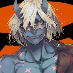 1boy asymmetrical_clothes black_jacket blue_skin chest_tattoo closed_mouth collarbone colored_skin commentary_request eyes_visible_through_eyewear glasses grey_eyes guilty_gear guilty_gear_strive hair_between_eyes hair_over_one_eye happy_chaos highres horns jacket kin_mokusei lapels male_focus multiple_tattoos one_eye_covered pectoral_cleavage pectorals rimless_eyewear shoulder_tattoo smile solo tattoo upper_body white_hair x-shaped_eyewear