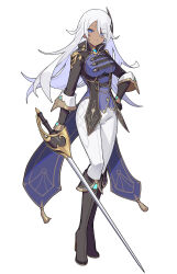1girl arm_at_side black_boots black_jacket blue_eyes blue_shirt boots breasts closed_mouth coattails dark-skinned_male dark_skin eyes_visible_through_hair fold-over_boots framed_breasts full_body guardian_tales hair_flaps hair_over_one_eye hand_on_own_hip high_collar highres holding holding_sword holding_weapon jacket light_frown long_hair medium_breasts official_art pants princess_aisha rapier shirt simple_background solo split_mouth standing sword tachi-e third-party_source three-quarter_sleeves tiptoes weapon white_background white_hair white_pants yellow_trim