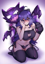 1340smile 1girl @_@ absurdres ahoge animal_ears animal_hands artist_name bell black_bra black_choker black_panties black_thighhighs blush bow bra breasts cat_cutout cat_ear_panties cat_ears cat_lingerie cat_tail choker cleavage cleavage_cutout closed_mouth clothing_cutout commentary english_commentary frilled_bra frills gen_1_pokemon gloves hand_on_own_face haunter hex_maniac_(pokemon) highres large_breasts looking_at_viewer meme_attire navel neck_bell nintendo panties paw_gloves pokemon pokemon_xy tail tail_bow tail_ornament thighhighs underwear