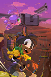 1boy 1other absurdres animal_ears boots brown_eyes brown_footwear brown_gloves catrage_miau cloud fingerless_gloves gloves green_eyes highres hood hoodie looking_at_viewer one-eyed open_mouth original outdoors purple_sky sky sonic_(series) tail teeth upper_teeth_only wisp_(sonic) yellow_hoodie