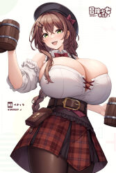 1girl beer_mug belt beret black_headwear black_pantyhose bow bowtie braid braided_ponytail breasts cleavage cup curvy green_eyes hair_ornament hairclip hat high-waist_skirt highres huge_breasts kannko_bokujou low_ponytail mug original pantyhose plaid_clothes plaid_skirt ponytail red_skirt shirt simple_background skirt smile solo standing white_background white_shirt wooden_cup