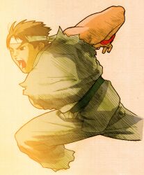 1boy angry bengus brown_eyes brown_hair capcom dougi facing_to_the_side fighting_stance game_cg headband highres male_focus martial_arts_belt marvel marvel_vs._capcom marvel_vs._capcom_2 muscular muscular_male non-web_source official_art open_mouth portrait ryu_(street_fighter) scan short_hair sidelighting simple_background solo street_fighter teeth white_headband