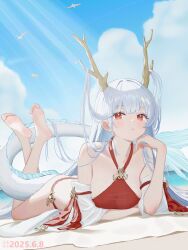 1girl absurdres arm_under_breasts azur_lane bare_shoulders barefoot beach blue_sky breasts commentary detached_sleeves dragon_girl dragon_horns dragon_tail feet_up fundoshi hair_on_horn highres horns japanese_clothes large_breasts long_hair looking_at_viewer lying official_alternate_costume on_stomach parted_lips red_eyes red_fundoshi shimanto_(azur_lane) shimanto_(the_relaxing_dragon_god)_(azur_lane) sky soles solo tail toes very_long_hair water white_hair yi_ming_lan_qu