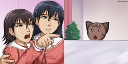 2girls arm_around_another artist_name azumanga_daioh&#039;s_school_uniform azumanga_daiou black_eyes black_hair blood brown_eyes brown_hair cat crying crying_with_eyes_open hendraibyouka highres injury iriomote_cat mayaa_(azumanga_daioh) multiple_girls pointing sakaki_(azumanga_daioh) short_hair takino_tomo tears woman_yelling_at_cat_(meme)