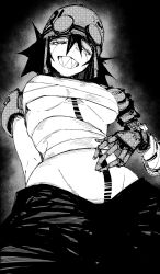 10_4_(10f0ur) 1girl absurdres black_hair black_pants breasts chest_sarashi goggles goggles_on_headwear grin half-closed_eyes hat highres medium_breasts medium_hair monochrome original pants robot robot_girl sarashi sharp_teeth smile solo teeth