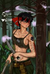 1girl abs black_hair blood catachan_jungle_fighter gun highres imperium_of_man kkghost_tv knife muscular muscular_female pants red_sweatband scar soldier solo tattoo tree warhammer_40k weapon