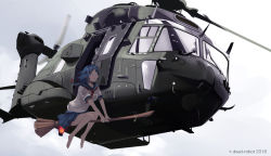 1girl aircraft artist_name barefoot blue_hair blue_sailor_collar blue_skirt broom broom_riding dated dead-robot eurocopter grey_sky helicopter looking_at_viewer military military_vehicle original sailor_collar school_uniform serafuku short_sleeves skirt sky solo vehicle_focus watermark