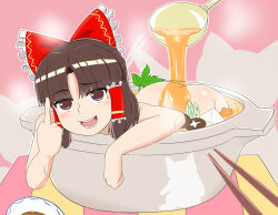 1girl ass benikurage_(cookie) blush bow brown_eyes brown_hair commentary_request completely_nude cookie_(touhou) food frilled_bow frilled_hair_tubes frills gomimaro hair_bow hair_tubes hakurei_reimu highres in_pot ladle looking_at_viewer middle_finger mushroom nabe nude open_mouth parted_bangs pink_background red_bow shiitake short_hair sidelocks smile solo soup tofu touhou