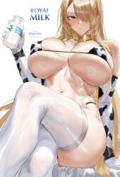 1girl absurdres animal_print bikini blonde_hair blue_eyes blush bottle breasts brown_dust_(series) brown_dust_2 commentary_request cow_print cow_print_bikini cow_print_gloves crossed_legs elbow_gloves gloves highres holding holding_bottle igiroitsu large_breasts long_hair milk_bottle navel print_bikini print_gloves simple_background solo stomach swimsuit thighhighs twitter_username very_long_hair white_background white_thighhighs wilhelmina_(brown_dust)