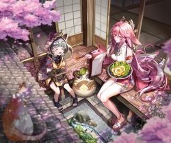 :o ^_^ ^o^ animal_ears animal_hood arm_guards black_gloves blunt_bangs blurry branch bucket carrot cat cherry_blossoms chopsticks closed_eyes commentary crying cuffs daruma_doll depth_of_field detached_sleeves earrings egg_(food) elbow_gloves english_commentary fake_animal_ears feeding fingerless_gloves fishnets food fox_ears from_above full_body genshin_impact gloves hair_between_eyes handcuffs highres holding holding_chopsticks hood japanese_clothes jewelry leaf leaf_on_head long_hair long_sleeves looking_at_another looking_to_the_side miko muji-muji_daruma_(genshin_impact) necklace ninja obi pengrani petals pink_hair plate purple_eyes raccoon_ears raccoon_hood salad sash sayu_(genshin_impact) scenery short_hair short_sleeves shouji sidelocks sitting sliding_doors smile sunny_side_up_egg tatami thighs vision_(genshin_impact) wide_sleeves wooden_bucket yae_miko