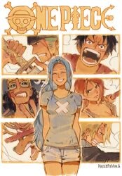 2girls 5boys absurdres antlers arms_behind_back black_hair blonde_hair blood blood_from_mouth blood_on_face blue_hair blue_nose blue_shirt breasts cigarette cleavage closed_eyes commentary copyright_name cowboy_shot english_commentary facial_scar facing_viewer goggles grey_hair hat high_ponytail highres holding holding_staff holding_sword holding_weapon horns jolly_roger kaizer_(kaizerxking) katana long_hair long_nose monkey_d._luffy mouth_hold multiple_boys multiple_girls nami_(one_piece) nefertari_vivi one_piece open_mouth orange_hair parted_bangs pink_hat ponytail profile reindeer_antlers reindeer_boy roronoa_zoro sanji_(one_piece) scar scar_on_cheek scar_on_face serious shirt short_hair short_shorts short_sleeves shorts smile staff straw_hat_pirates straw_hats_jolly_roger sword teeth teeth_hold tongue tongue_out tony_tony_chopper twitter_username upper_body usopp weapon