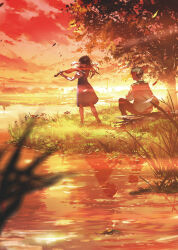 1boy 1girl black_hair blue_dress blue_jacket dress grass highres holding holding_instrument holding_violin instrument jacket lake lens_flare log long_hair mata_kimi_to_deau_mirai_no_tameni medium_dress music official_art playing_instrument reflection reflective_water sitting sunset syo5 tree violin