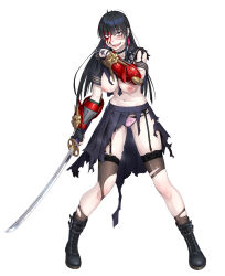 Rule 34 | 1girl, arm armor, aroused, black boots, black coat, black hair, blood, blood on face, boots, breasts, choker, coat, delinquent, earrings, fingerless gloves, garter straps, gloves, heart, heart-shaped pupils, holding, holding sword, holding weapon, jewelry, jigokumaru akira, katana, large breasts, long hair, long skirt, looking at viewer, midriff, navel, nipples, official art, panties, pink panties, pussy juice, scar, scar on face, school uniform, side slit, simple background, skirt, solo, striped clothes, striped panties, sukeban, sword, symbol-shaped pupils, taimanin (series), taimanin rpgx, thighhighs, torn clothes, torn skirt, torn thighhighs, two-tone panties, underwear, vertical-striped clothes, vertical-striped panties, weapon, white background, yuuji (and)