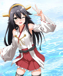 Rule 34 | 1girl, :d, absurdres, alternate hair color, black hair, black thighhighs, blush, brown eyes, chitose kana (kanachitose), commentary, commentary request, cowboy shot, detached sleeves, double-parted bangs, english commentary, frilled skirt, frills, hair between eyes, hair ornament, hairband, hairclip, hakama, hakama short skirt, hakama skirt, hand up, haruna (kancolle), highres, japanese clothes, kantai collection, long hair, long sidelocks, looking at viewer, mixed-language commentary, nontraditional miko, one eye closed, open mouth, parallel hairclips, partial commentary, pleated skirt, red skirt, ribbon-trimmed sleeves, ribbon trim, sidelocks, skirt, smile, solo, thighhighs, v, water, white sleeves, wide sleeves, yellow hairband