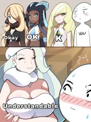 1other 4girls armlet bare_arms black_coat black_hair blonde_hair blue_eyes blue_eyeshadow blue_hair blush bra breasts cleavage closed_mouth coat collar commentary creatures_(company) crop_top cynthia_(pokemon) dark-skinned_female dark_skin dress earrings english_commentary english_text eyeshadow fur_collar fur_hat game_freak gem green_eyes green_gemstone grey_eyes hair_bun hair_ornament hair_over_one_eye hat highres hoop_earrings jewelry large_breasts long_hair long_sleeves lusamine_(pokemon) makeup mature_female medium_breasts melony_(pokemon) multicolored_hair multiple_girls navel necklace nessa_(pokemon) nintendo nose_blush parted_hair pearl_earrings plump pokemon pokemon_dppt pokemon_sm pokemon_swsh shirt single_hair_bun sleeveless sleeveless_dress sleeveless_shirt small_breasts smile sports_bra streaked_hair sweat touyarokii trembling two-tone_hair underwear ushanka v-neck very_long_hair viewer_self-insert white_bra white_collar white_dress