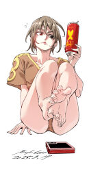 1girl ass barefoot breasts brown_eyes brown_hair brown_shirt bubble can cellphone feet highres holding holding_can nabipenciller original panties phone shirt short_hair sitting toes underwear