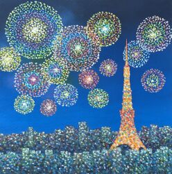 Rule 34 | aerial fireworks, blue sky, building, fireworks, highres, keitatsujia, night, night sky, no humans, original, painting (medium), pastel (medium), sky, skyscraper, tokyo (city), tokyo tower, tower, traditional media