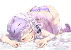 1girl absurdres blush closed_eyes clothes_lift clothes_pull commentary_request drooling frilled_panties frills grey_hair hair_ornament hair_ribbon highres hololive long_hair lying mask mask_on_head murasaki_shion murasaki_shion_(loungewear) official_alternate_costume open_mouth panties pink_socks purple_panties ribbon see-through_clothes short_shorts shorts shorts_pull sleep_mask sleeping slippers socks solo star_(symbol) star_hair_ornament star_panties star_print syam_illust top-down_bottom-up twintails underwear virtual_youtuber white_shorts